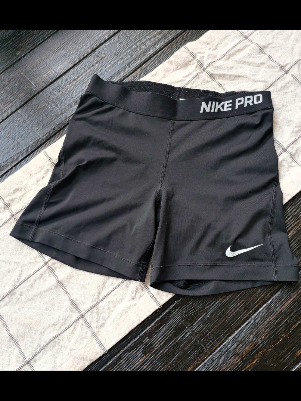 Nike Pro Dri Fit Women's Black Training Shorts with White Swoosh • Medium